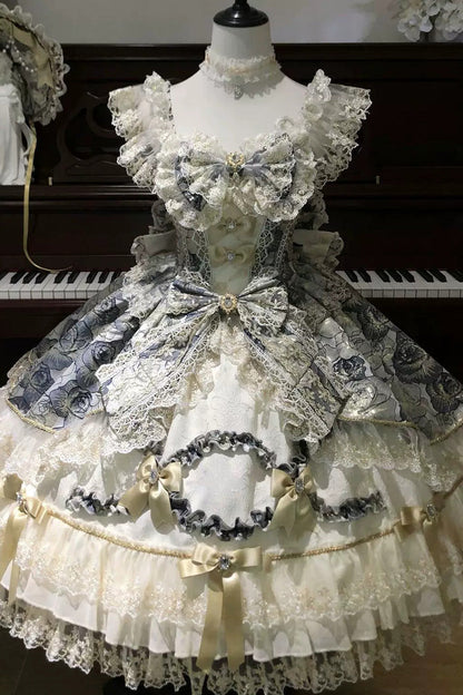 Ebony Square-Neck Printed Embroidered Bow Lace Sweet JSK - Gilded Waltz