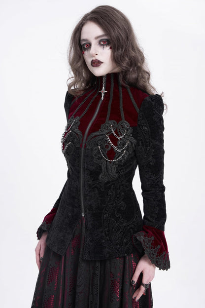 Crimson & Obsidian Stand Collar Long Trumpet Sleeves Embroidery Gothic Jacket