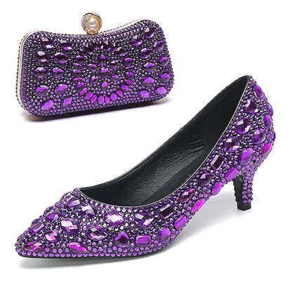Heel and Matching Women's Kitten Shoes Crystal-Embellished