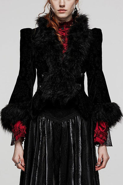 Women's V-Neck Long Sleeve Faux Fur Stitch Gothic Coat Four Shades