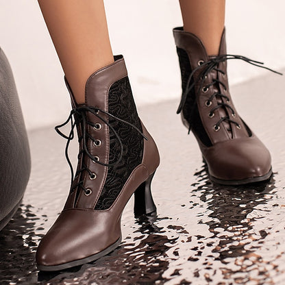 Panels Lace-Up Boots Ankle Women's White with Embroidered