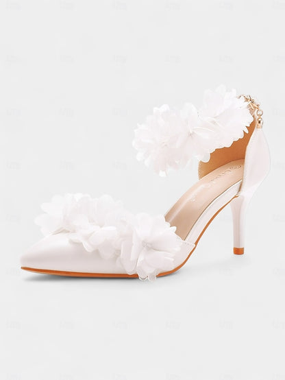 Ankle Women's Heels - Strap Pointed Floral White Elegant