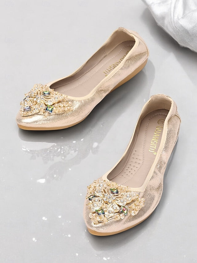 Gold Flats Glitter with Foldable Crystal Women's