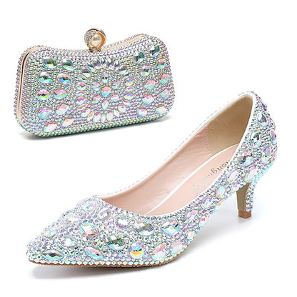 Heel and Matching Women's Kitten Shoes Crystal-Embellished
