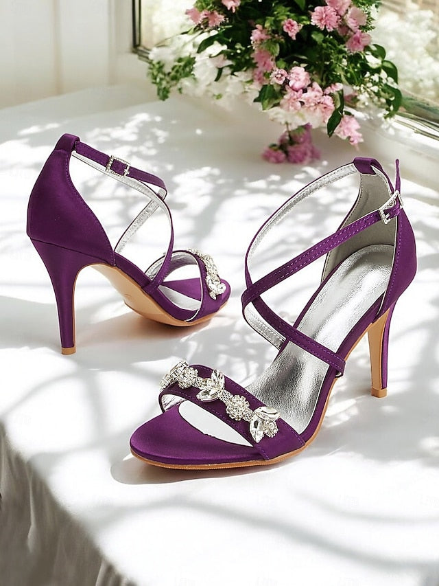 with Women's Heels Satin Rhinestone Purple Stiletto Straps