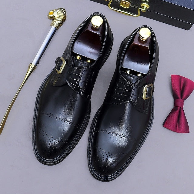 First Men's Genuine Strap Monk Black Leather Shoes-