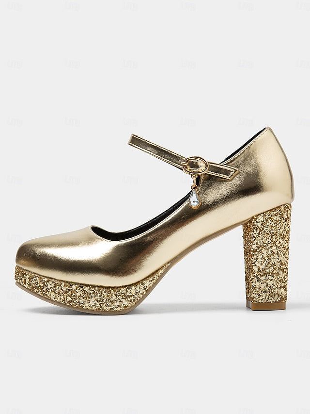 Pumps Glitter Heel Sparkly Jane Mary Block – Women's Gold