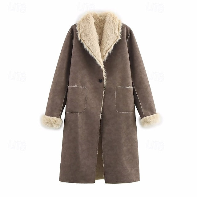 Women's Warm Pocket Coat Faux Buttons Comfortable Fur