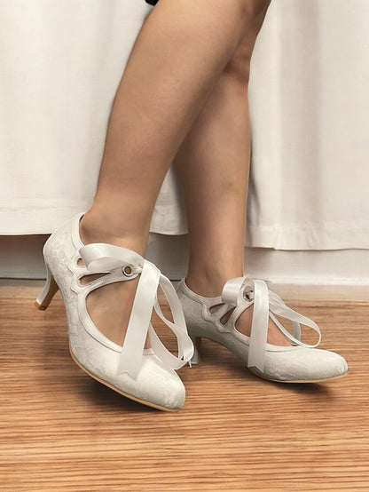 Ribbon Satin Pumps Lace with Elegant Bridal White - Vintage Ties