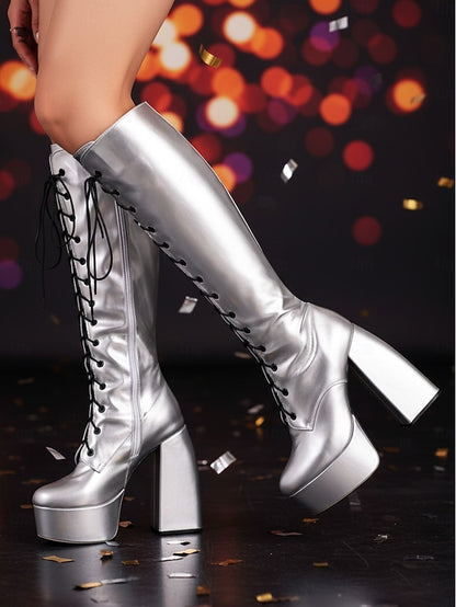 Silver Knee - Boots Platform Women's Metallic High Lace-Up