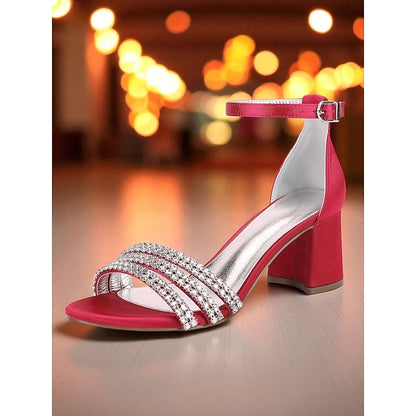 Purple Block Sandals Women's Heel Satin Rhinestone with