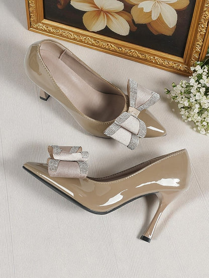 Women's Nude Pumps High Toe Patent Leather Pointed Heel -