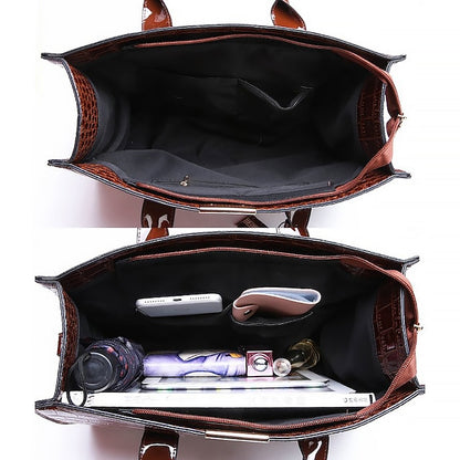 Women's Black Patent Crocodile Leather Pattern Handbag with