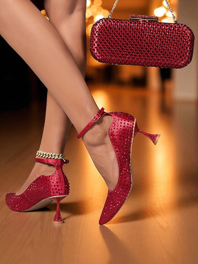 and Green Matching Bag Heels Clutch Set Women's Rhinestone