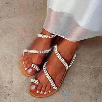 Pearl-Embellished – Strappy Sandals Flat Elegant Women's