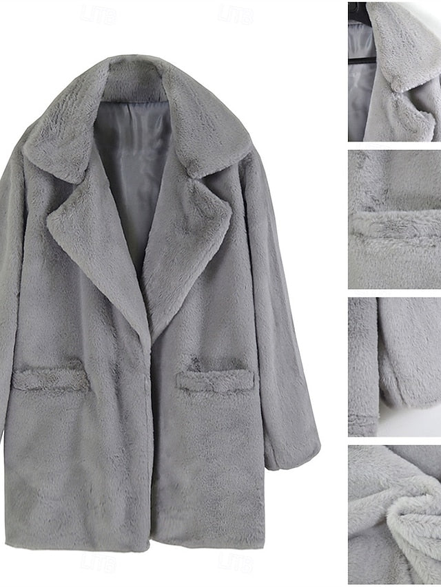 Coat Fleece Fur Lined Faux Warm Pocket Women's Breathable