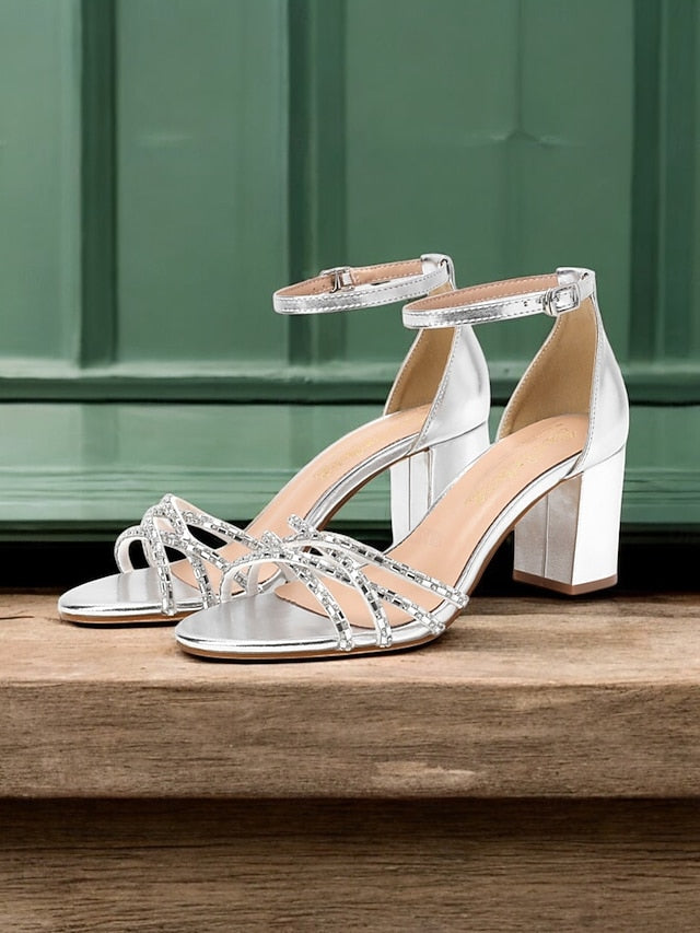 with Heel Sandals Silver Rhinestone Block Metallic Strappy