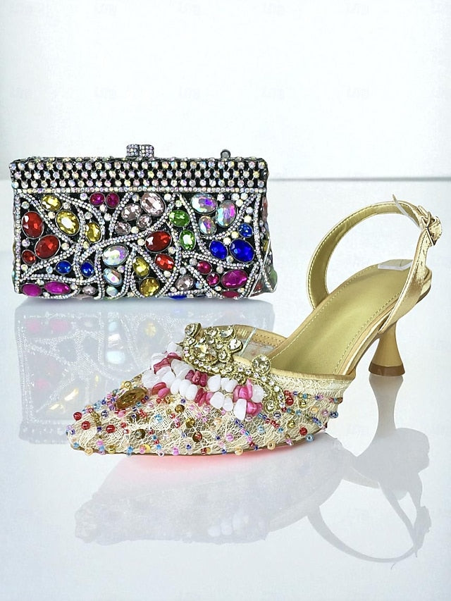 Heel Rhinestone Women's Shoes Green Set and Clutch - Bag