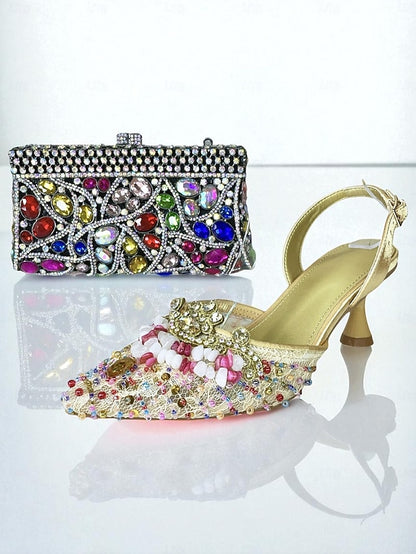 Heel Rhinestone Women's Shoes Green Set and Clutch - Bag