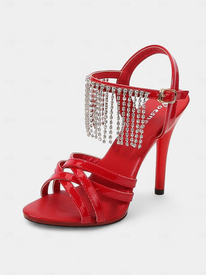 Rhinestone Sandals Leather Patent Stiletto Women's with Red