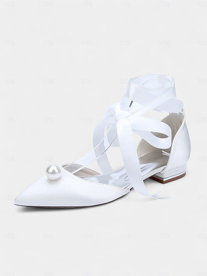 - Navy Pearl Satin Pointed Flats Embellished Toe Women's