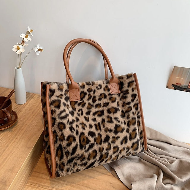 Leopard Bag Fur Brown Leather Women's Faux Print with Tote