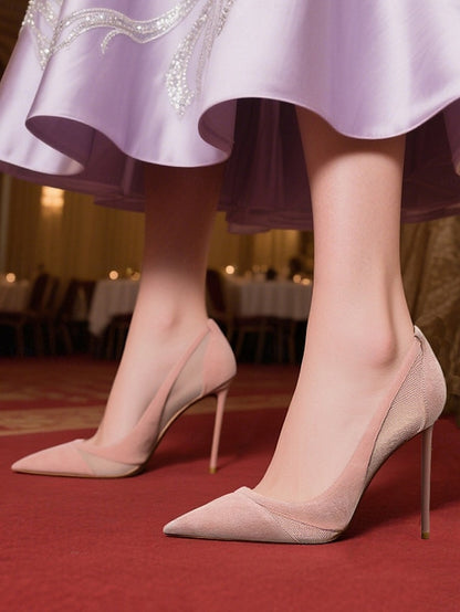 Mesh Nude Pumps with Suede Detailing Toe Pointed Women's