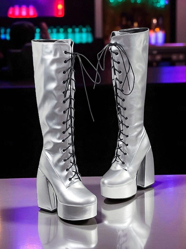 Silver Knee - Boots Platform Women's Metallic High Lace-Up