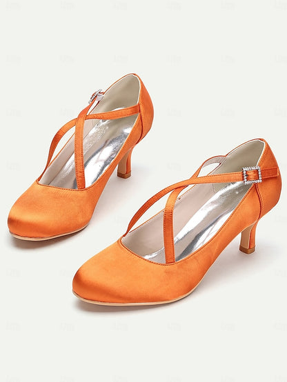 Heels – with Rhinestone Cross-Strap Satin White Elegant Buckle