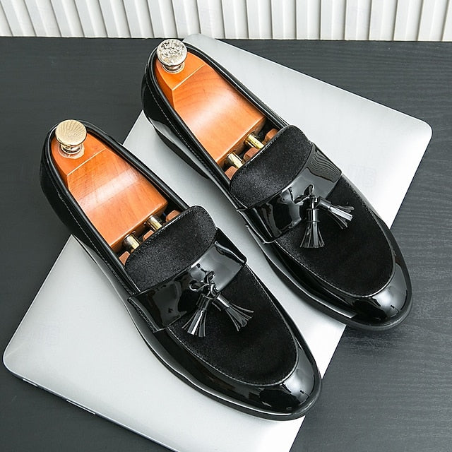 Velvet Leather – Loafers Men's Black Tassel Faux Patent