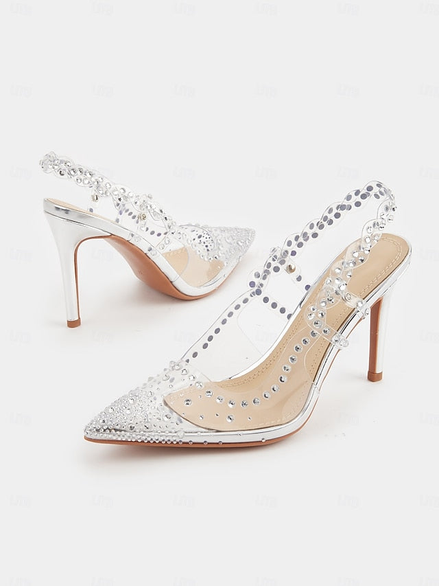 Clear Slingback Heels Toe Pointed with Rhinestone Women's