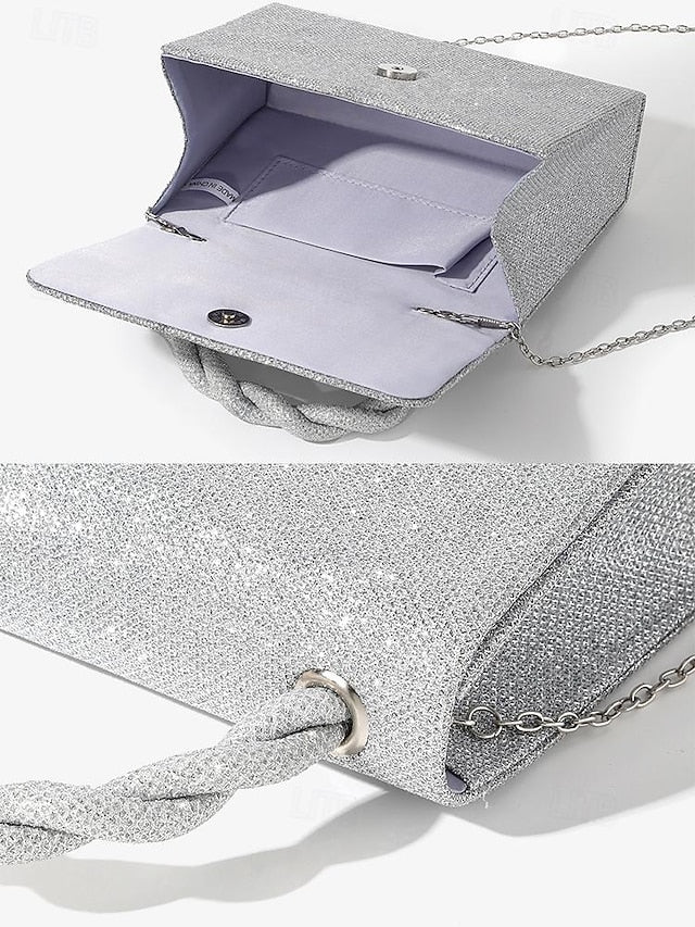 Women's Silver Handbag Glitter Handle with Braided and