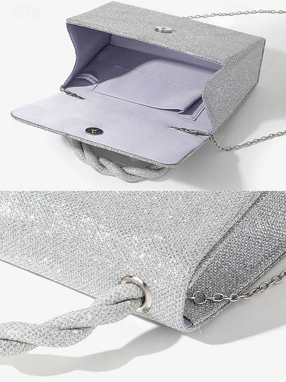 Women's Silver Handbag Glitter Handle with Braided and