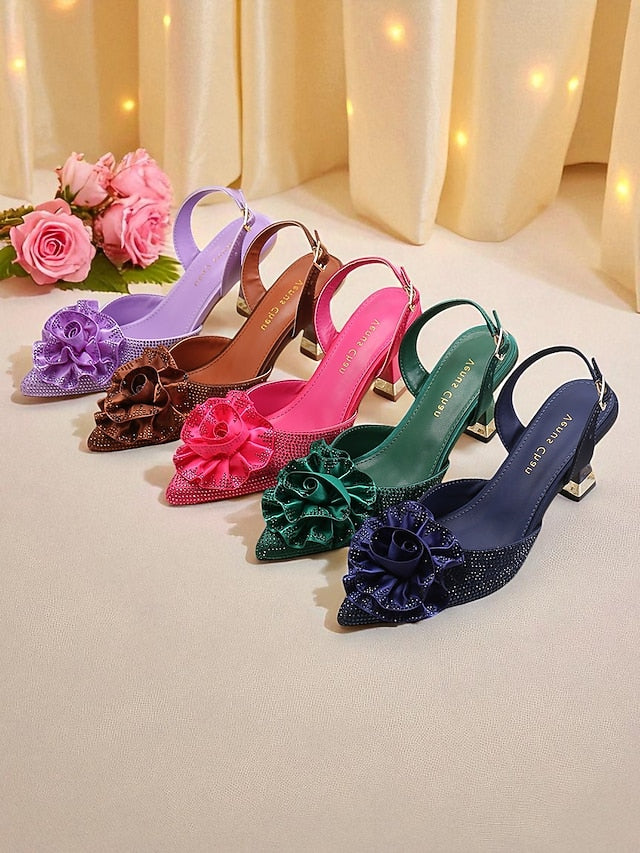 Rhinestone Heels Floral Slingback Women's with Purple