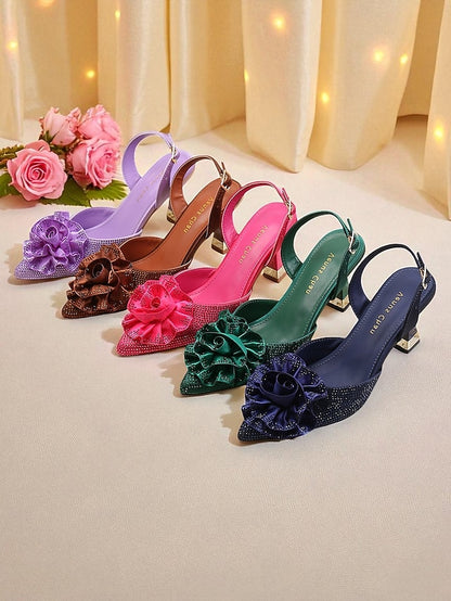 Rhinestone Heels Floral Slingback Women's with Purple