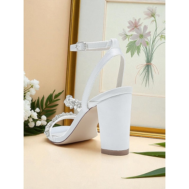 Heel Sandals Block Straps Women's - Rhinestone White with