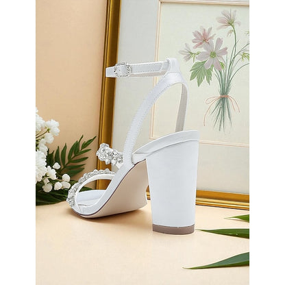 Heel Sandals Block Straps Women's - Rhinestone White with