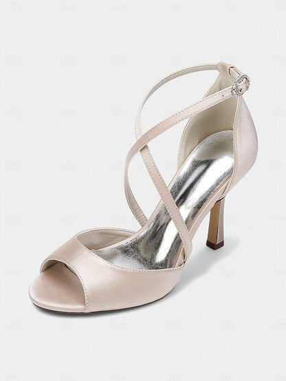 White Heels Peep-Toe Women's Elegant Satin – Cross-Strap