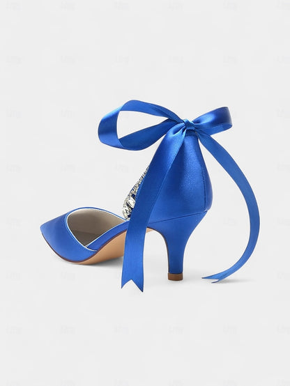 Ankle Rhinestone and Pointed-Kitten Strap with Heels Satin Blue