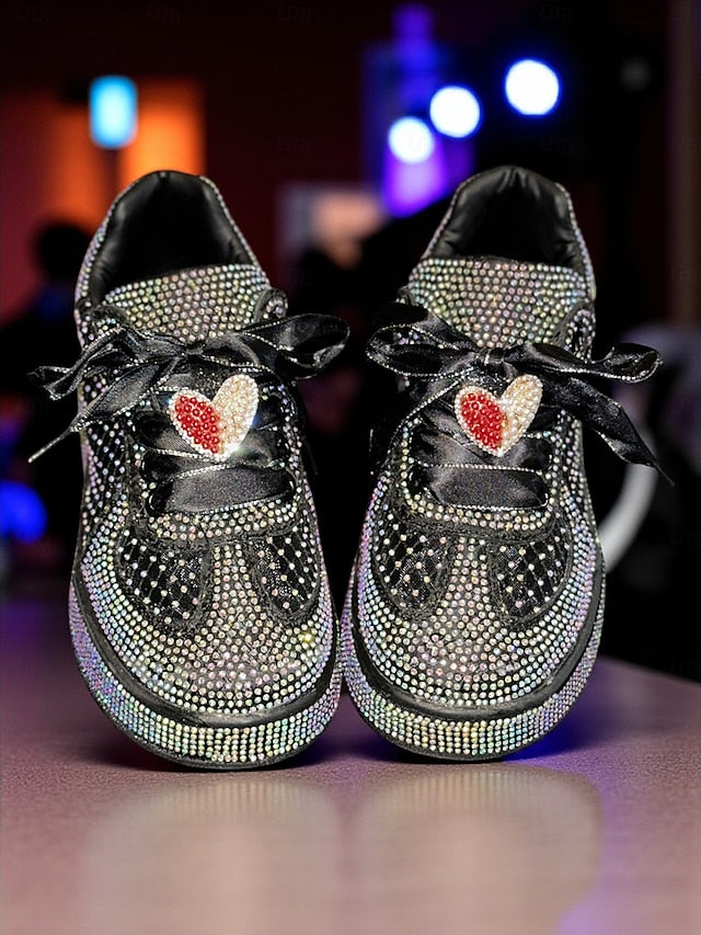 White Women's Rhinestone Sneakers Ribbon with Laces Satin