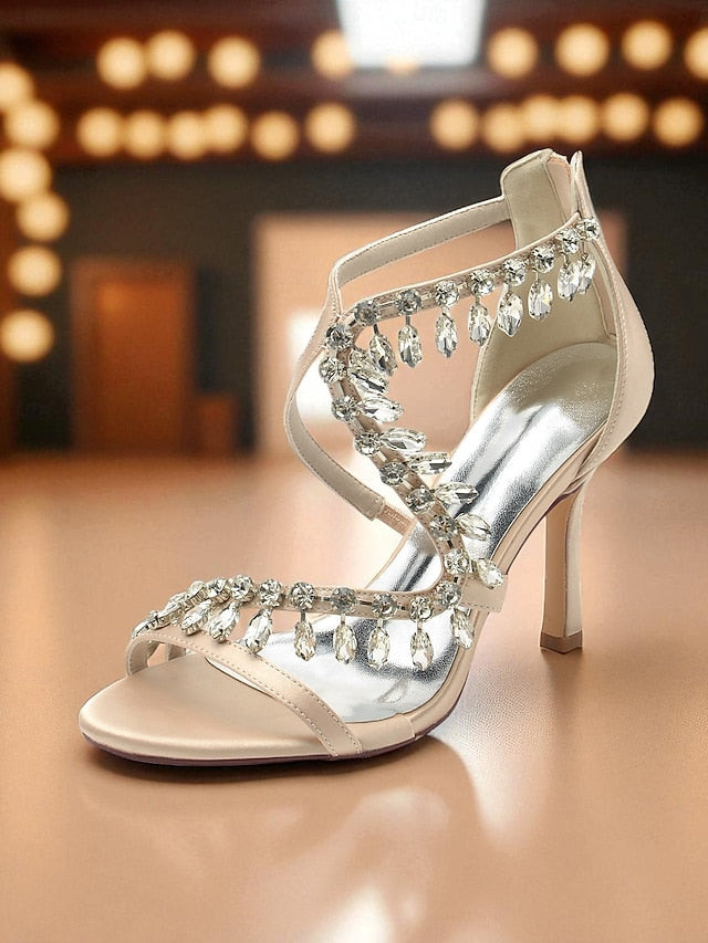 Women's Heel Rhinestone High Sandals Strappy with White