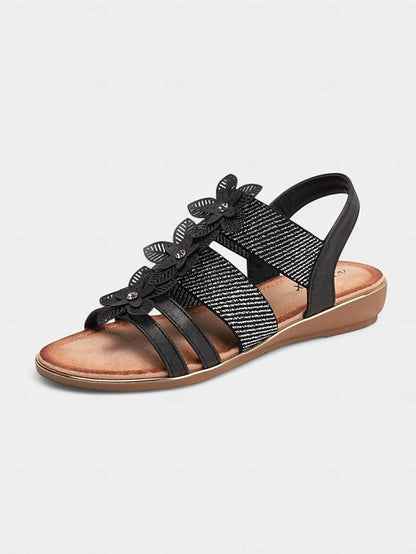 Elegant Women's Beige Floral Rhinestone – Flat Sandals