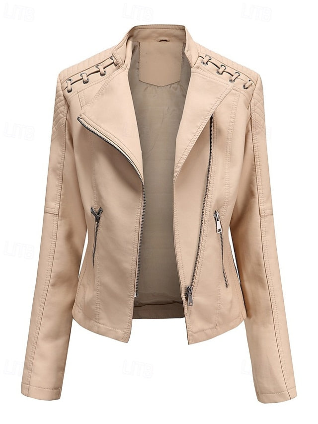 Jacket Zipper Leather Pocket Comfortable Faux Women's