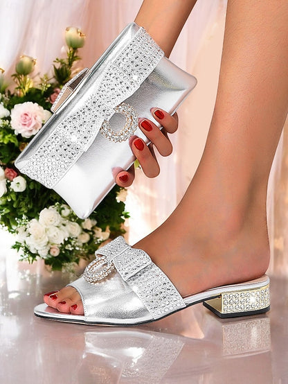 – Rhinestone with Matching Sandals Bow Clutch Flat Gold