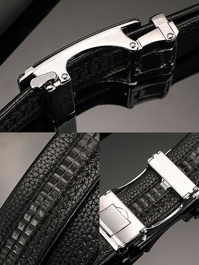 with Elegant Adjustable Black Leather Men's Belt Metal