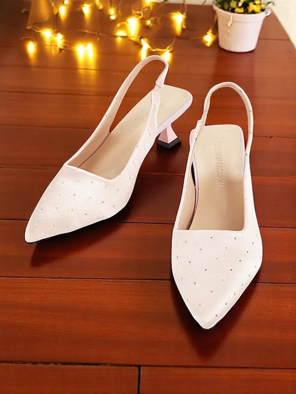 Satin Slingback Women's with Kitten Rhinestone Studs Heels