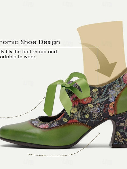Leather Heels with Green Print Women's Jane Mary Floral