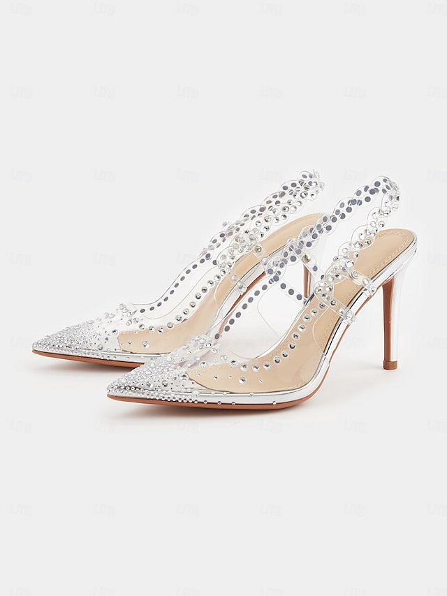 Clear Slingback Heels Toe Pointed with Rhinestone Women's