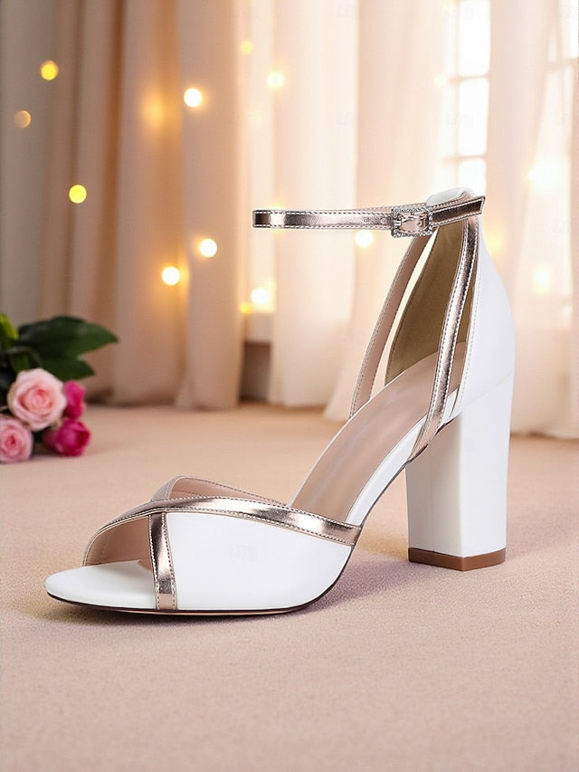 with Strap Ankle Metallic Women's Block White Sandals Heel