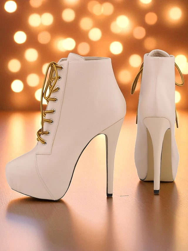 Leather Ankle Beige Platform Faux Women's - Boots Lace-Up